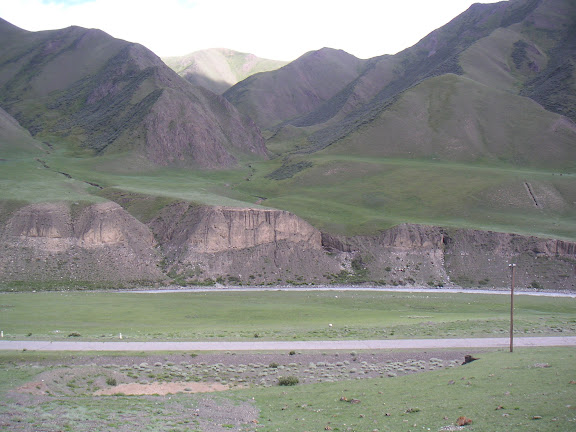 Berges de la Sary-Jaz, en aval du confluent de la rivière Ottuk, au SE du col Chongashuu (Karakol E), Terskei Ala Too, Kirghizstan, 8 juillet 2006. Photo : F. Michel