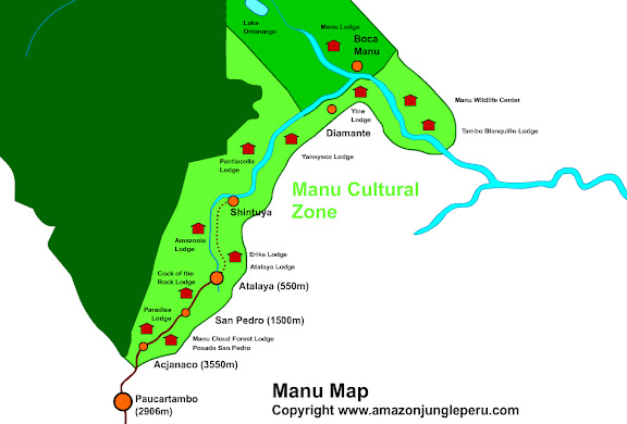 Parc de Manu : situation des lodges Pantiacolla et Erika