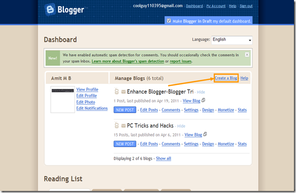 Blogger in draft- Dashboard