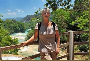 Barbara Weibel at Agua Azul Waterfall, Chiapas, Mexico