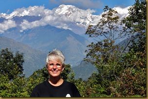 Barbara Weibel in Puma Nepal, with Himalayas in background