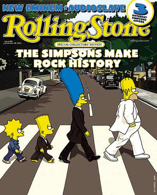 Los Simpsons recrean la m&iacute;tica caratula del Abbey Road de The Beatles. Rolling Stone 28 noviembre 2002.