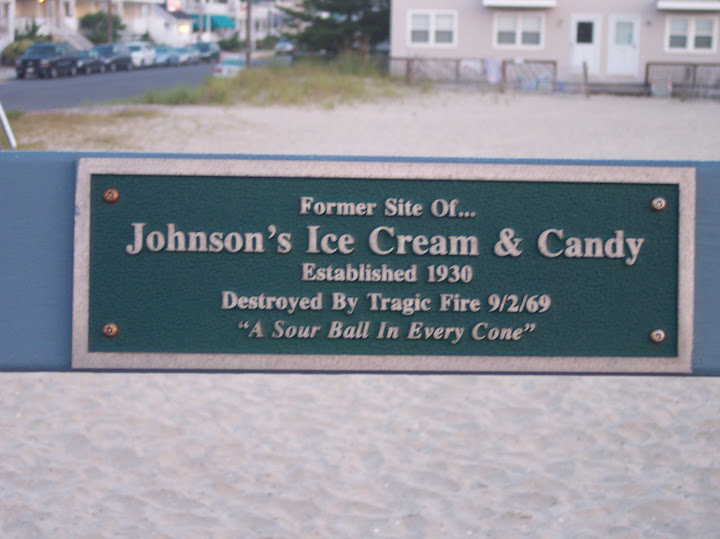Former site of...Johnson's Ice Cream & CandyEstablished 1930Destroyed by tragic fire 9/2/69"A Sour Ball In Every Cone"