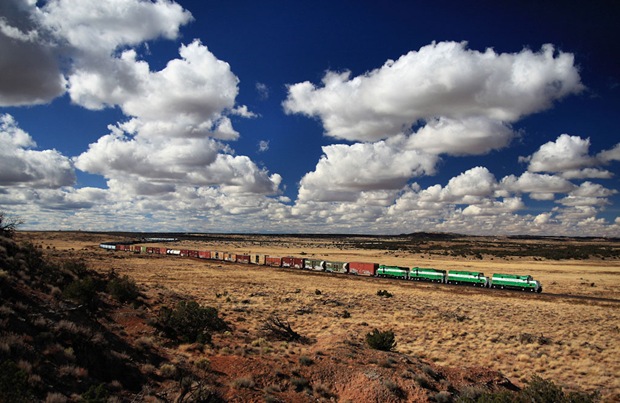 A 95 car train across the vast Arizona landscape on its way to Holbrook to interchange with the BNSF.