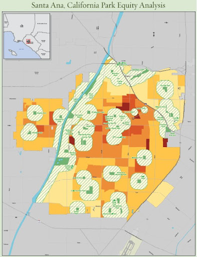 Map showing areas not served by parks, prepared by The Trust for Public Land.