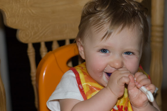 Sam wanted to feed herself, so we let her. Look at that smile.