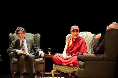 The Dalai Lama in Madison, WI on May 16,2010, giving the talk, "Investigating healthy minds." Photo from the Dalai Lama Facebook page.
