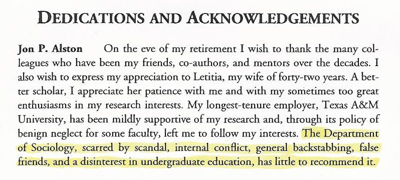 The Department of Sociology, scarred by scandal, internal conflict, general backstabbing, false friends, and a disinterest in undergraduate education, has little to recommend it.