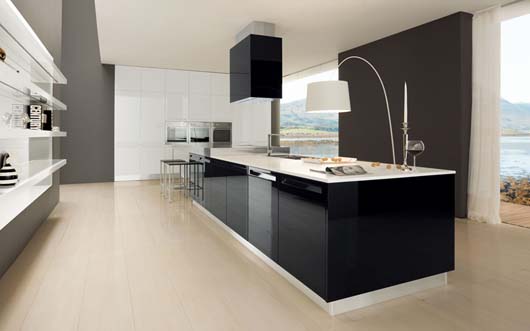 Glossy Black And White Polymeric Laminate Design Luxurious Kitchen Decorating