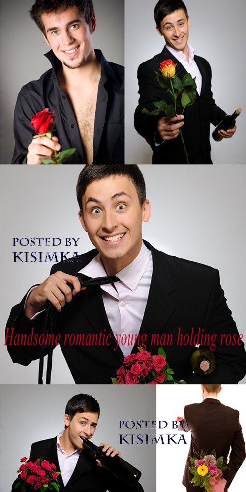Stock Photo: Handsome romantic young man holding rose Stock Photo: Handsome romantic young man holding rose