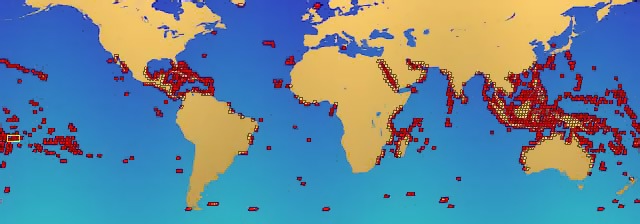 Localização de corais de recife no mundo