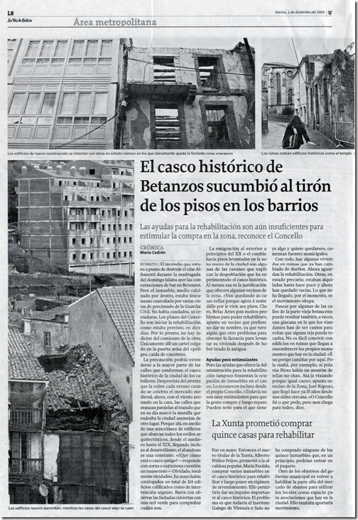 Recorte do xornal La Voz de Galicia correspondente ao martes 1 de decembro de 2009