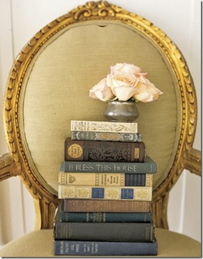 books and roses on chair via charm hill interiors blog via linen & velvet
