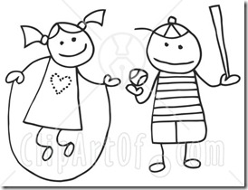 34235-Clipart-Illustration-Of-A-Stick-Girl-And-Boy-Jumping-Rope-And-Playing-Baseball