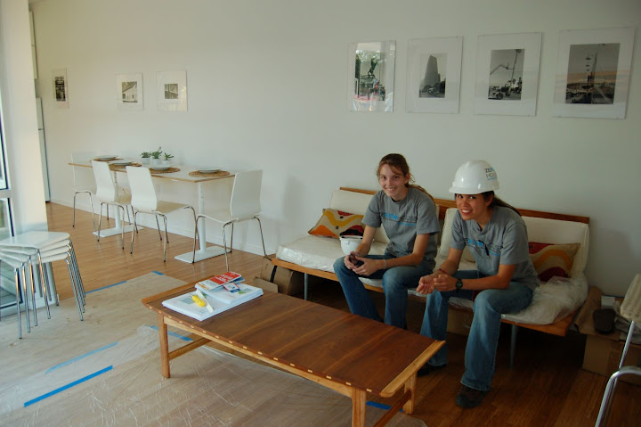Ashley and Becca enjoying a break in our semi-finished Living Room.