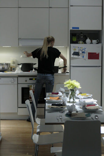 Megan preparing our spicy squash and curry soup before our guests arrive.