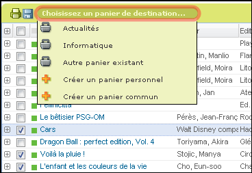 Envoyer la sélection en cours dans un panier Copie d'écran