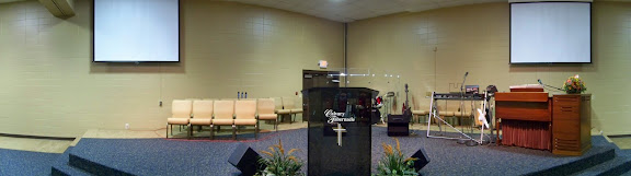 Calvary Tabernacle's new platform is much more stylish and spacious than the preacher's previous digs.