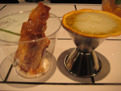 The American Pill: Old Potero single malt rye, fresh lemon and maple syrup turned into a foam and poured over a dehydrated slice of orange. To drink: sprinkle the orange salt on the foamed orange, take a bite & bite the candied bacon. You can't help but smile it's so good.