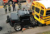 Hummer vs. school bus - Indianapolis Fire Department rescue team work to free the driver of a Hummer that crashed into school bus.