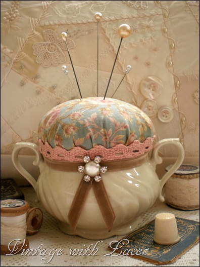 Sugarbowl turned into pincushion by Vintage with Laces Sugarbowl turned into pincushion by Vintage with Laces