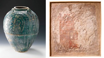 An acient Nabatean jar, left, and a wall painting of the Tower House, Qaryat Al-Faw