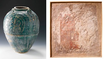 An acient Nabatean jar, left, and a wall painting of the Tower House, Qaryat Al-Faw An acient Nabatean jar, left, and a wall painting of the Tower House, Qaryat Al-Faw