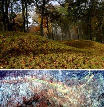  Effigy Mounds National Monument is maintained as a pristine forest with grass-covered mounds. (lower) Satellite photo of the famous Marching Bears Mounds. Photo: (upper) Ken Block for the National Park Service (below) NPS and NASA.