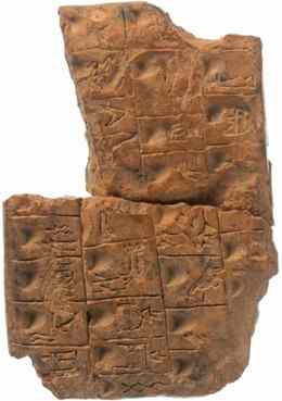 A Sumerian clay tablet from around 3200 B.C. is inscribed in wedgelike cuneiform with a list of professions. 