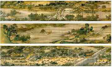 Along the River During the Qingming Festival is the title of several panoramic paintings; the original version is generally attributed to the Song Dynasty artist Zhang Zeduan (1085-1145). In the 5.28-meter long picture, there are 814 humans, 28 boats, 60 animals, 30 buildings, 20 vehicles, nine sedan chairs, and 170 trees drawn.