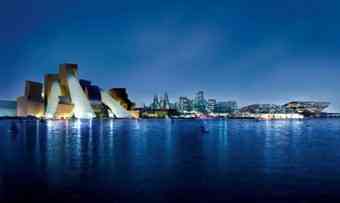 A computer rendering of Saadiyat Island. From left, Guggenheim, Zayed National Museum and Louvre.