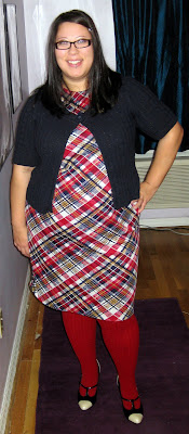Dress via Cupcake & Cuddlebunny, cardigan by Old Navy, tights by Jessica London, heels by Target.