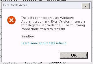 The data connection uses Windows Authentication and Excel Services is unable to delegate user credentials. The following connections failed to refresh: Sandbox