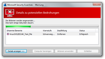Microsoft Security Essentials – Warnung