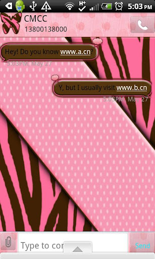 GO SMS THEME BrnPinkZebra2