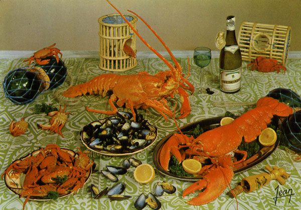 Cartes Postales Pop et  Kitsch des années 50, 70 et 70 coquillages et crustacés / seafood platters