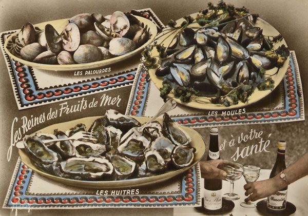 Cartes Postales Pop et  Kitsch des années 50, 70 et 70 coquillages et crustacés / seafood platters
