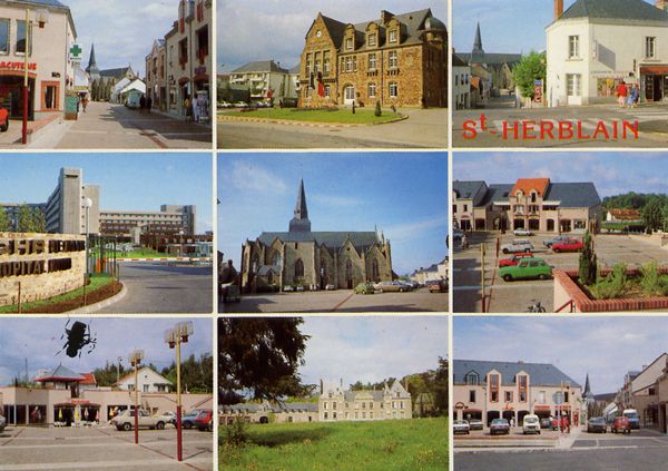 Cartes Postales Pop et  Kitsch des années 50, 70 et 70 - Pop and kitsch vintage postcards from the fifties, the sixties and the seventies : SAINT-HERBLAIN (Loire-Atlantique)en haut : Rue du Lieutenant Mouillié, L'Hôtel de Ville, Angle rue Pierre Blard et rue Pierre Gicquiau au centre : C.H.R. de Nantes, Hôpital Nord, L'église, Place de la Paix en bas : Le chateau de la Gournerie et le Centre Commercial des Arcades