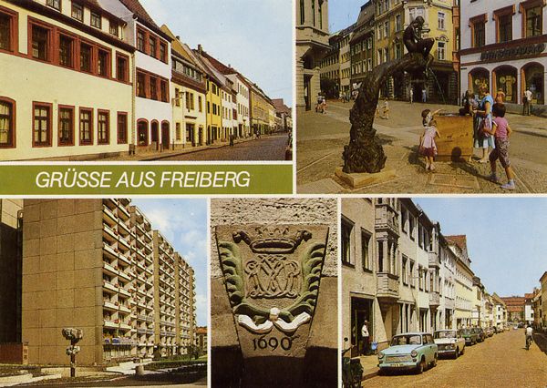 Cartes Postales Pop et  Kitsch des années 50, 70 et 70 - Pop and kitsch vintage postcards from the fifties, the sixties and the seventies : Spätgotische Bürgerhäuser in der Karl-Marx-Strasse, August-Bebel-Strasse, Fortuna Brunnen, Meissner Gasse, SchulStein, Blick in die Karl-Marx-Strasse