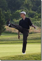 President Barack Obama puts a little body English on his shot during a round of golf at Farm Neck golf course during his vacation on Martha's Vineyard Aug. 24, 2009. (Official White House Photo by Pete Souza)

This official White House photograph is being made available only for publication by news organizations and/or for personal use printing by the subject(s) of the photograph. The photograph may not be manipulated in any way and may not be used in commercial or political materials, advertisements, emails, products, promotions that in any way suggests approval or endorsement of the President, the First Family, or the White House. 