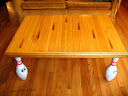 Pina's Table: Tabletop salvaged from the Kona Lanes. Legs made from real pins. Collaboration with Richard Lambert, Orange County.