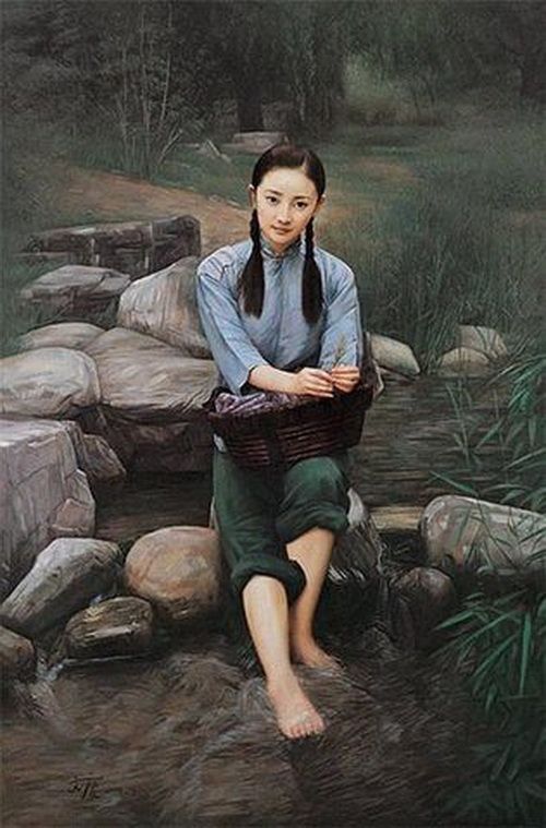 少女溪边浣衣