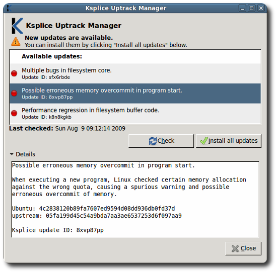 image showing ksplice before applying any updates