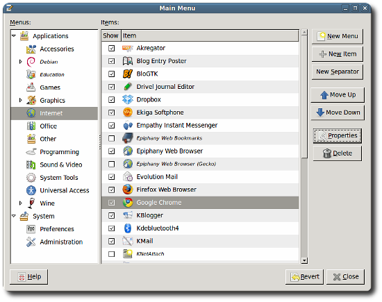 photo of gnome menu editor showing google chrome entry