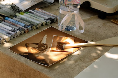 Table with WaxWorks art supplies on it at Chateau St Julien l'Ars near Poitiers France