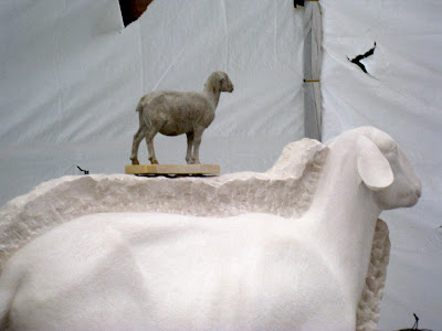 Sheep being carved as part of a stone carving exhibition for the Edinburgh Art Festival at the Edinburgh College of Art
