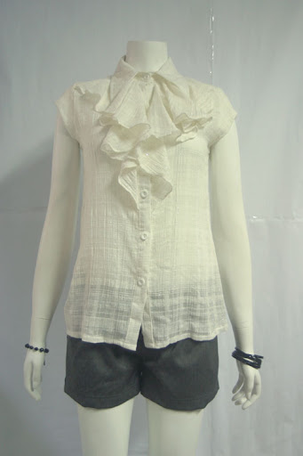 Raw cotton ruffle collar blouse. Beige with silver thread highlights. MPDR0409-005 S$33.90 PTP: 15" STH: 24"
