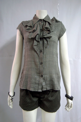 Raw cotton ruffle collar blouse. Grey with silver thread highlights. MPDR0409-004 S$33.90 PTP: 15" STH: 24"
