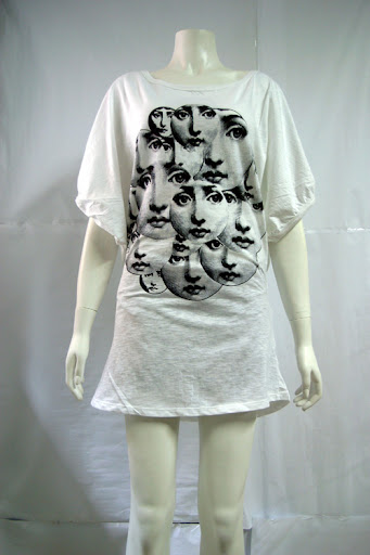 "Ladies Head" bat wing tee-shirt dress. Silkscreen in black on white cotton. MPGG0409-003 S$ 39.90 PTP:20" STH: 33" Waist: 34"