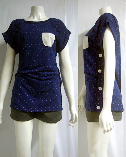 Midnite Blue cotton with tiny white stars, pocket tee with large button trim. MPOR0409-002 S$ 33.90 PTP:16" STH: 29"